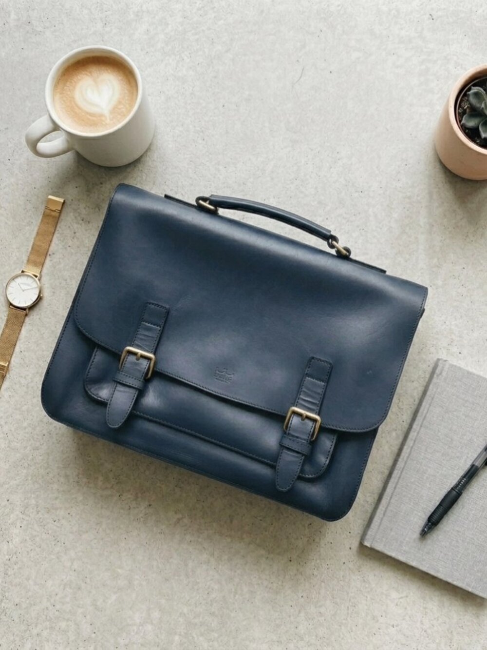 Luccica Navy Blue Leather Satchel Shoulder Bag Briefcase Minimalist Korean Desig